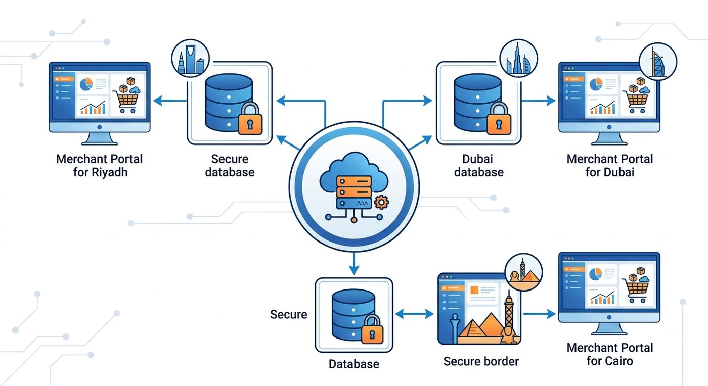 Technical diagram illustrating a secure multi-tenant logistics ERP architecture with a centralized server managing isolated regional databases and merchant portals.