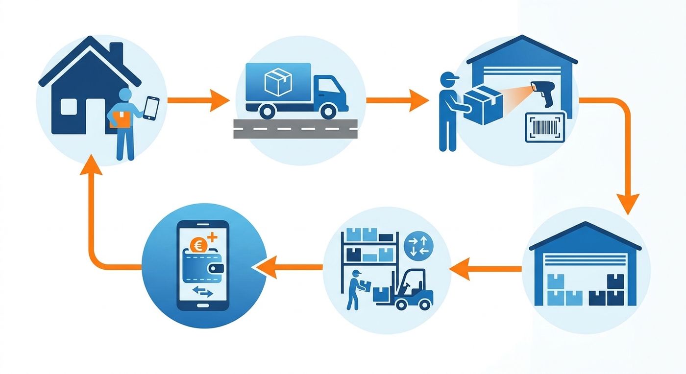 A technical flowchart diagram illustrating the step-by-step reverse logistics loop from customer return to warehouse restocking and wallet reconciliation.