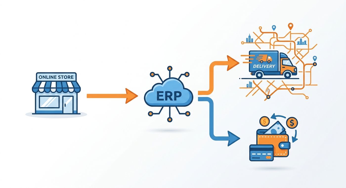 مخطط تقني يوضح سير العمل المؤتمت لنظام Shiprex لإدارة العمليات اللوجستية، بدءاً من الربط مع المتاجر الإلكترونية وحتى التوصيل النهائي وتسوية الدفع عند الاستلام.