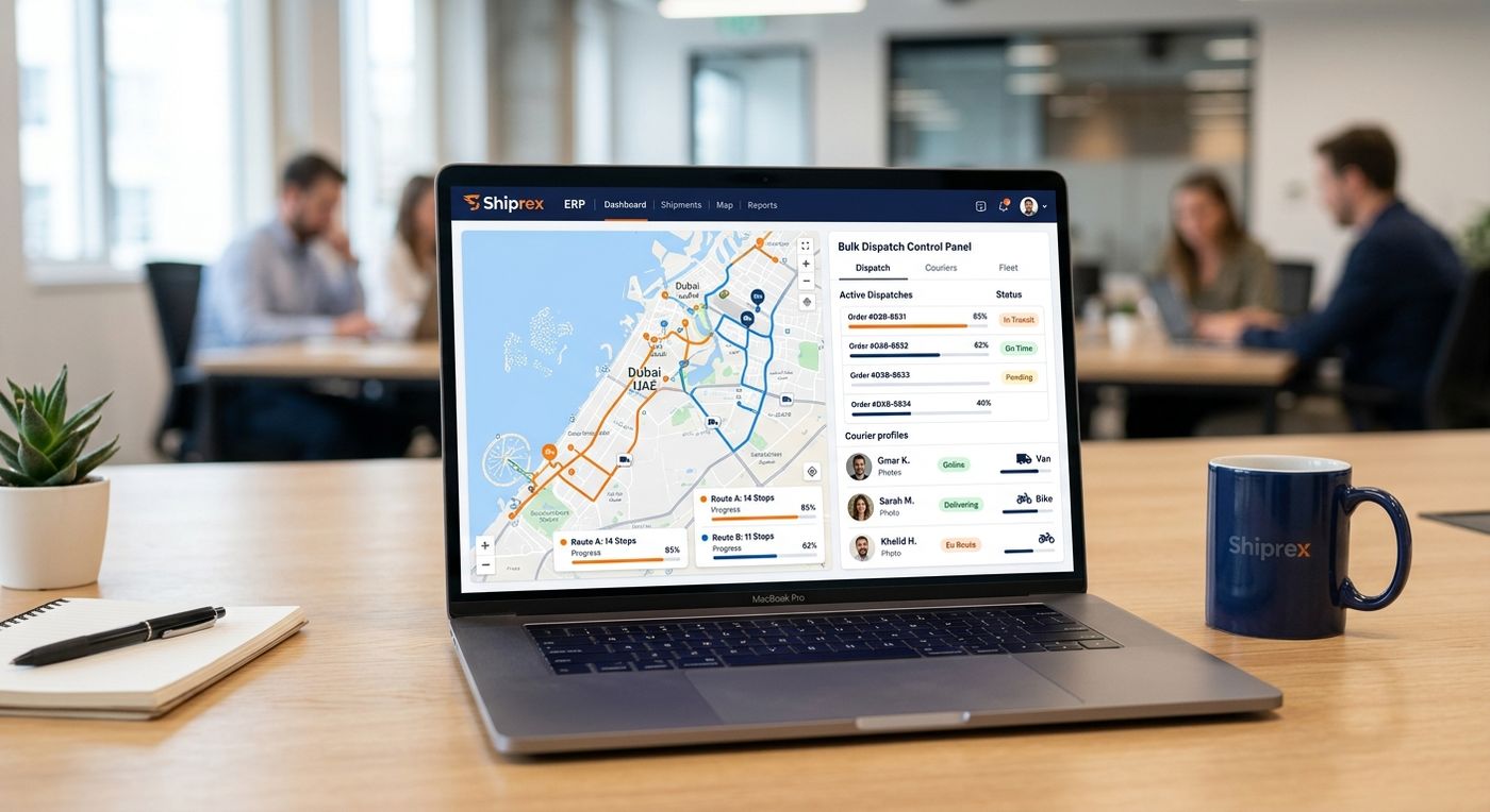 A sleek laptop displaying the Shiprex shipping ERP dashboard with route optimization maps and bulk dispatch queues during peak season.