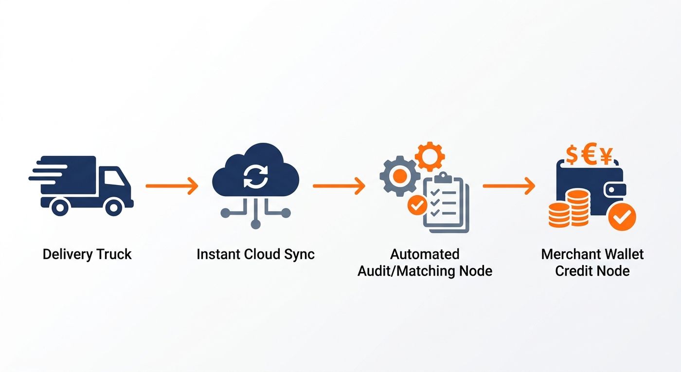 A technical flowchart diagram showing the automated step-by-step driver cash reconciliation workflow, from delivery sync to merchant wallet credit.