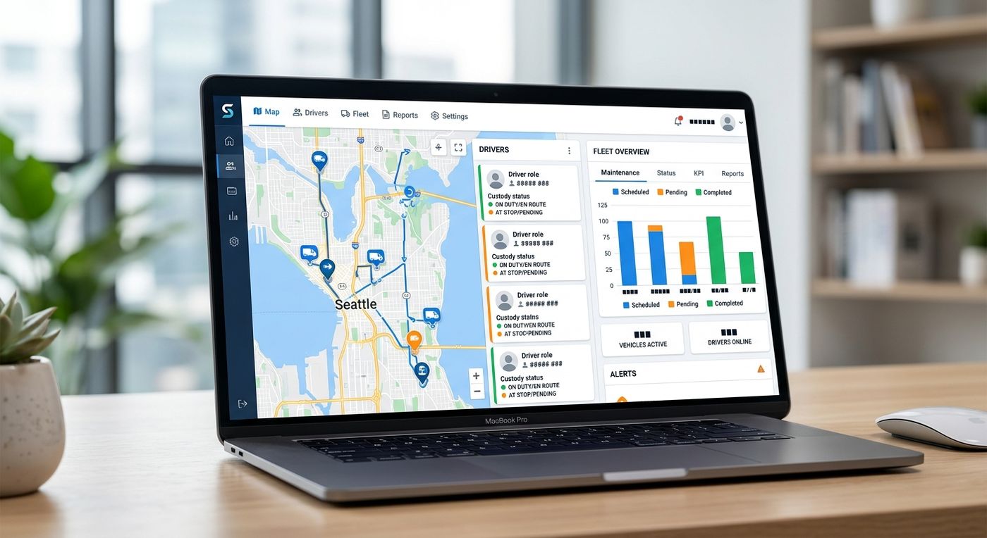 عرض توضيحي لمنصة شيب ريكس السحابية يظهر لوحة تحكم إدارة الأسطول وعهدة المركبات على شاشة كمبيوتر محمول.