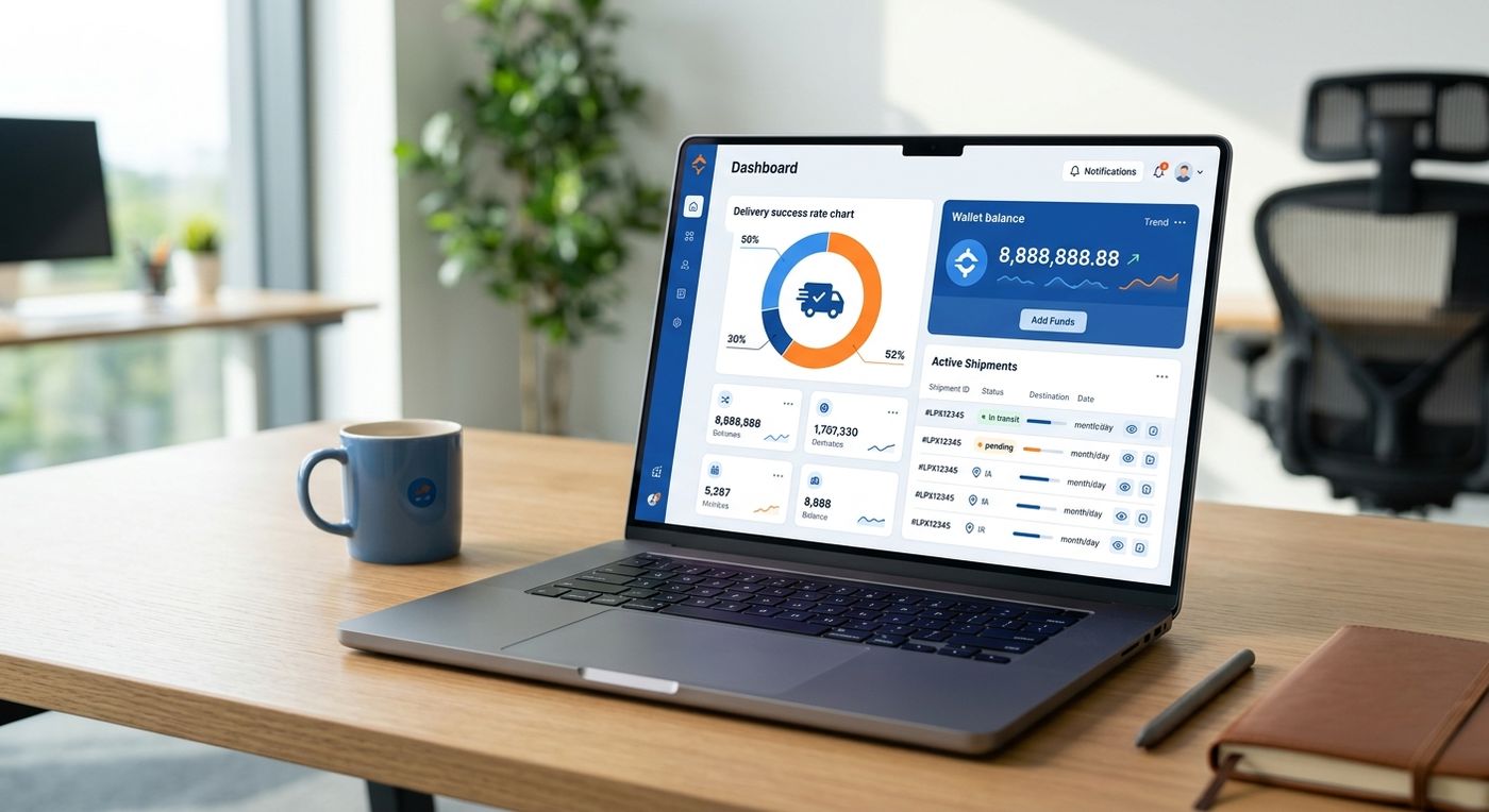 لوحة تحكم احترافية لبوابة التجار مخصصة للشركات، معروضة على جهاز كمبيوتر محمول، توضح تحليلات الشحن وأرصدة المحفظة بواجهة أنيقة باللونين الأزرق والبرتقالي.
