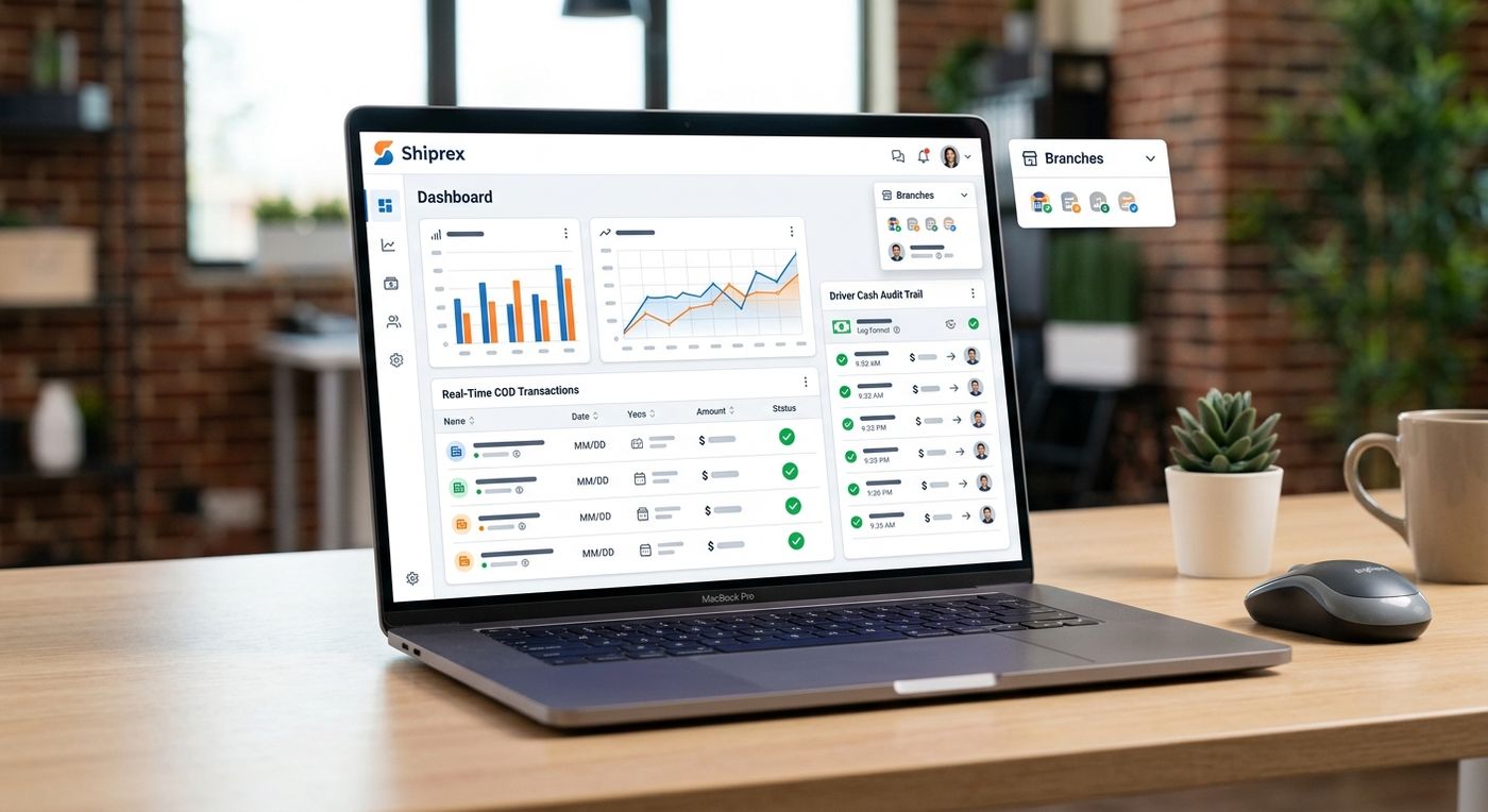جهاز كمبيوتر محمول يعرض لوحة تحكم نظام جيبس لإدارة الشحن مع تتبع فوري لتسوية مبالغ الدفع عند الاستلام، ومسارات تدقيق النقدية للسائقين، والتحليلات المالية.