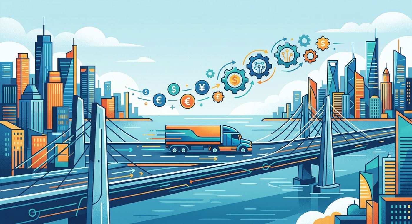 Illustration of seamless cross-border shipping and automated financial logistics between GCC countries.