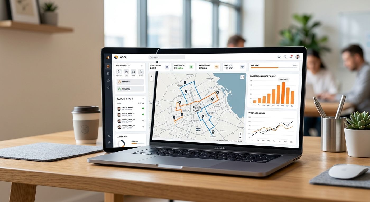 A modern SaaS dashboard interface on a laptop showing bulk dispatching tools and optimized delivery routes.