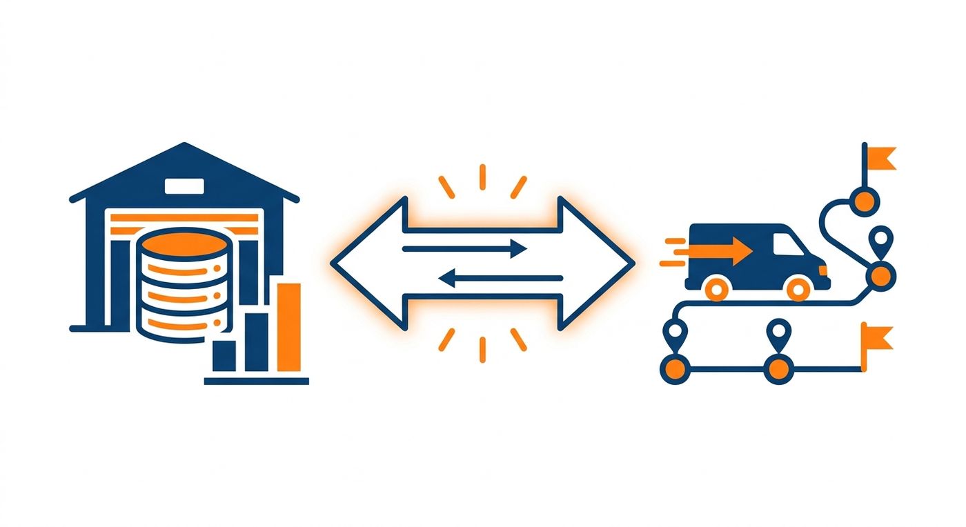 A technical diagram showing real-time synchronization between warehouse inventory databases and last-mile dispatch routes using a blue and orange color scheme.