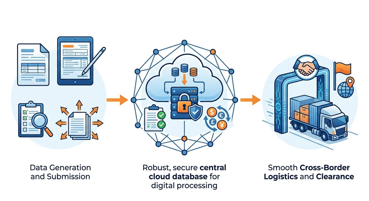Technical flow diagram showing the automated compliance and multi-currency workflow for GCC cross-border shipping.