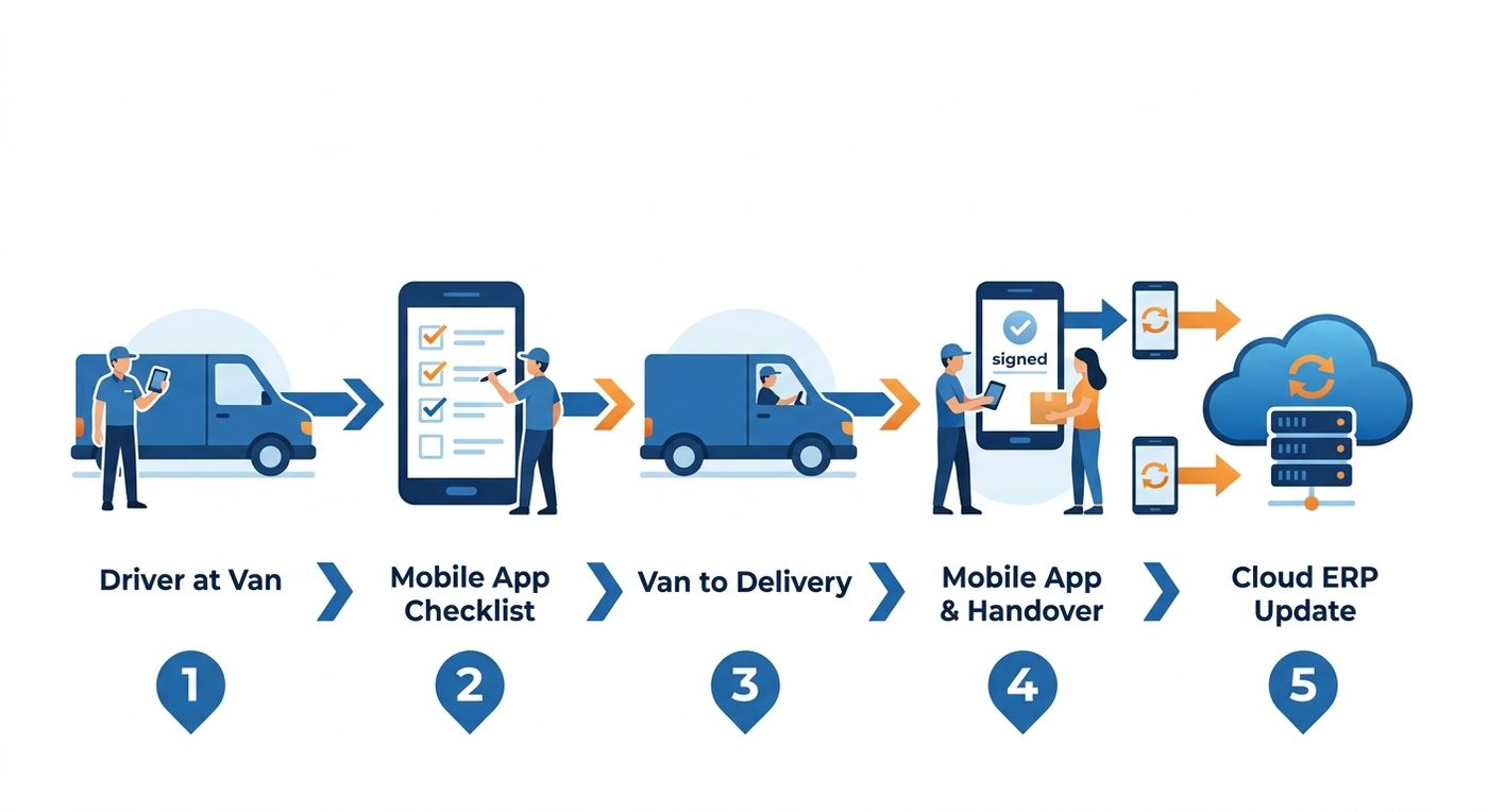 A technical diagram illustrating the secure vehicle custody handover and daily checklist workflow within a logistics ERP.