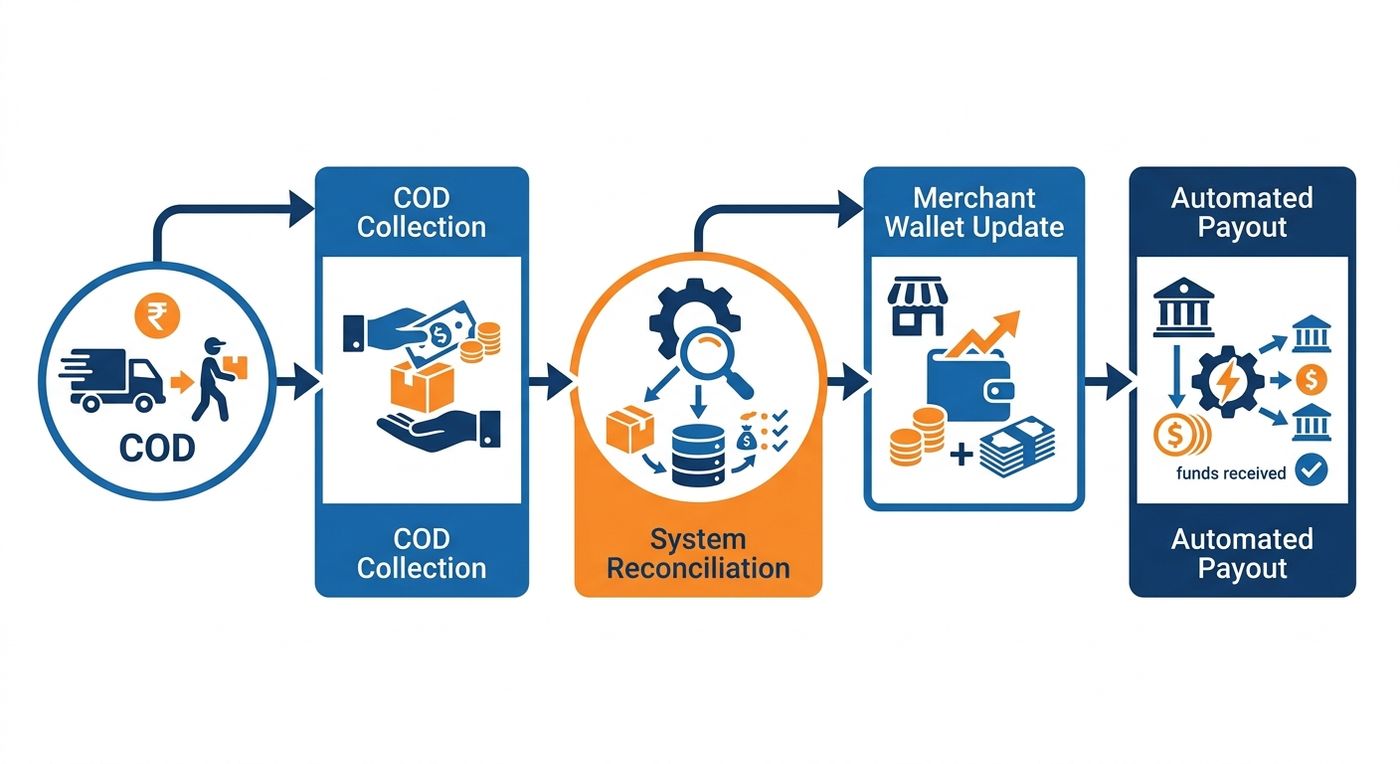 A clean vector flowchart diagram illustrating the automated Cash on Delivery (COD) reconciliation and merchant wallet payout process using blue and orange icons.