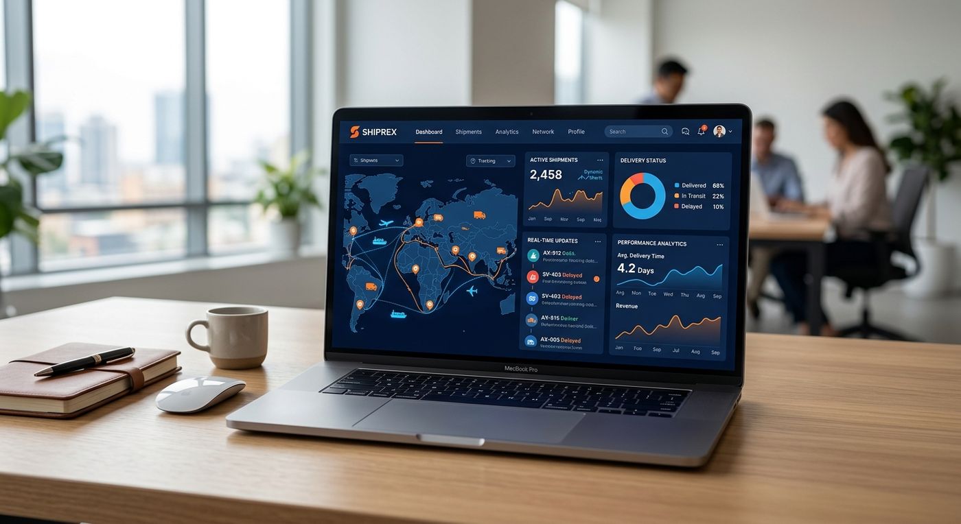 A modern laptop displaying the Shiprex delivery operations management dashboard with real-time route optimization and automated SMS tracking.