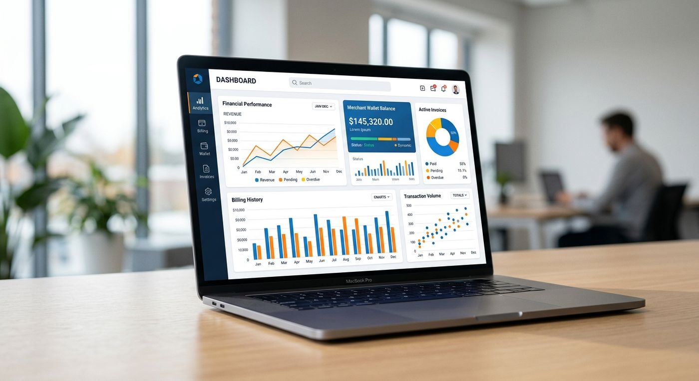 SaaS dashboard interface of Shiprex billing software displaying logistics invoice management and merchant wallets.