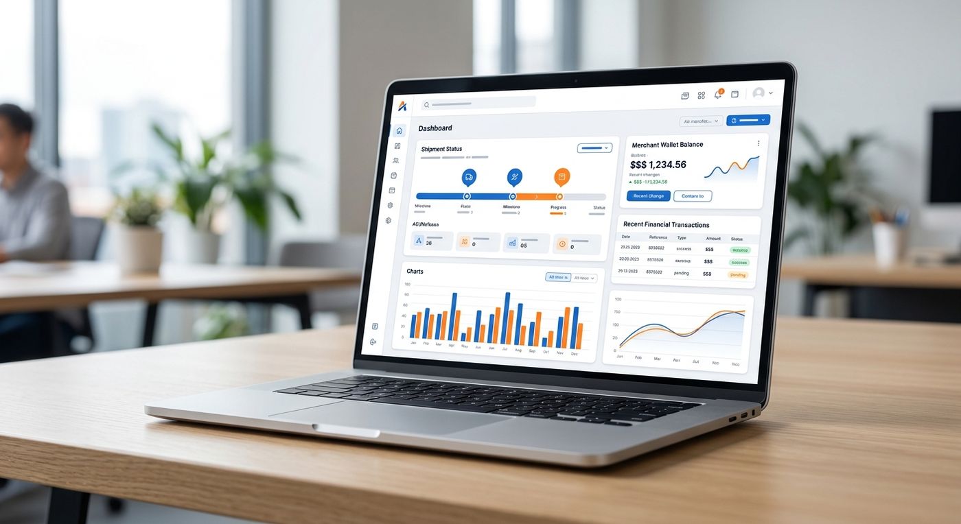 عرض توضيحي للوحة تحكم نظام Shiprex ERP التي تعرض حالة الامتثال للشحنات وأرصدة محفظة التاجر المتكاملة.