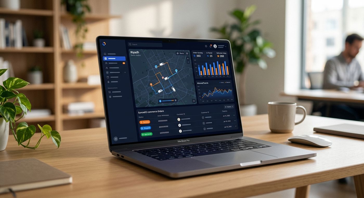 A modern logistics ERP dashboard displayed on a laptop screen, showing real-time delivery tracking, order status, and shipping analytics in a clean blue and orange interface.