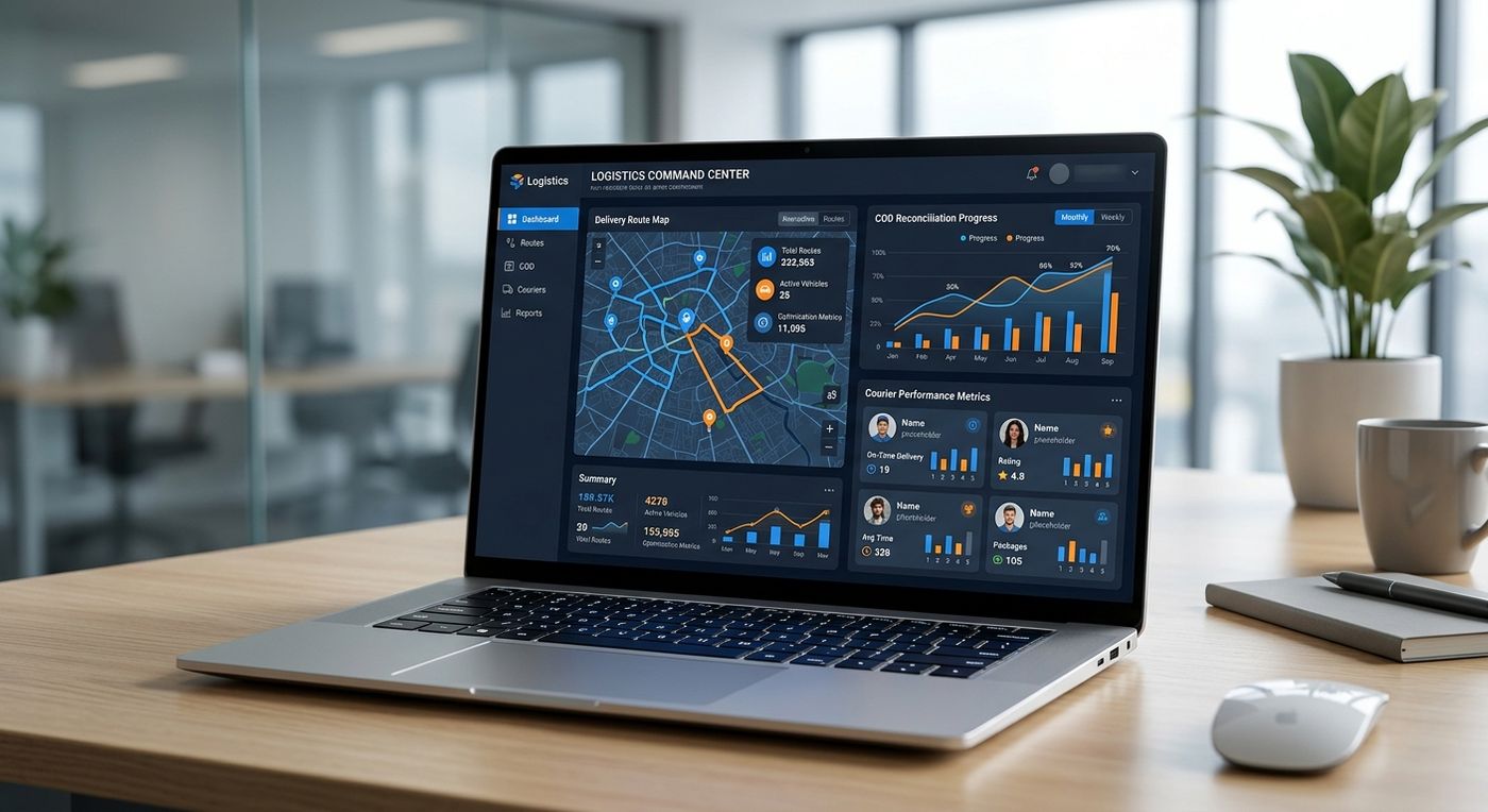عرض لوحة تحكم سحابية حديثة لنظام إدارة الخدمات اللوجستية Shiprex على شاشة كمبيوتر محمول، يوضح تحسين المسارات وتحصيل مبالغ الدفع عند الاستلام.