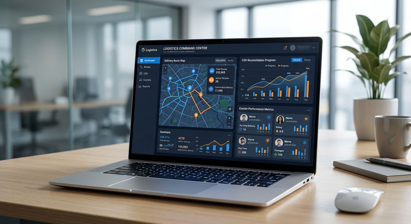 عرض لوحة تحكم سحابية حديثة لنظام إدارة الخدمات اللوجستية Shiprex على شاشة كمبيوتر محمول، يوضح تحسين المسارات وتحصيل مبالغ الدفع عند الاستلام.