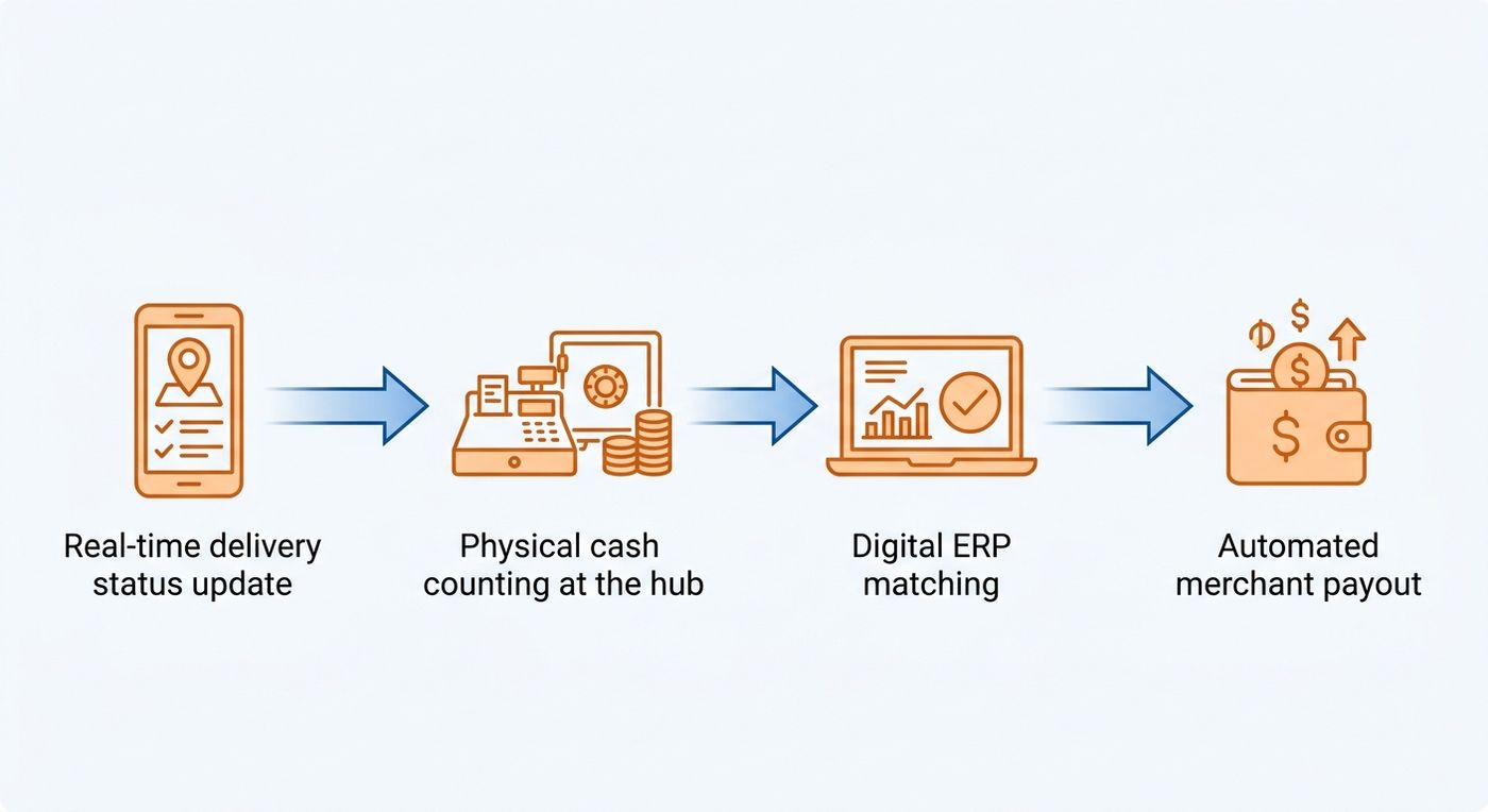 Flowchart diagram showing the daily courier cash handover process, from mobile verification to physical cash matching and digital ERP logging.