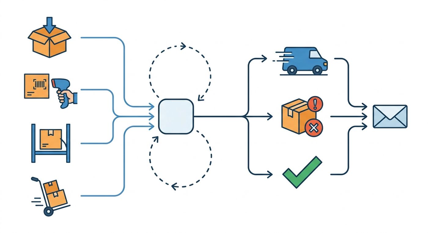 A technical flowchart diagram showing the smart notification logic of Shiprex, separating silent internal warehouse events from external customer SMS triggers.
