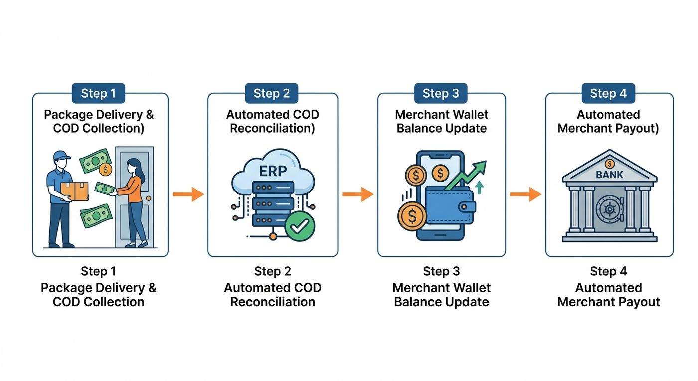 مخطط تقني يوضح خطوة بخطوة عملية تسوية الدفع عند الاستلام المؤتمتة وتحويل المدفوعات للتجار في نظام إدارة الخدمات اللوجستية.