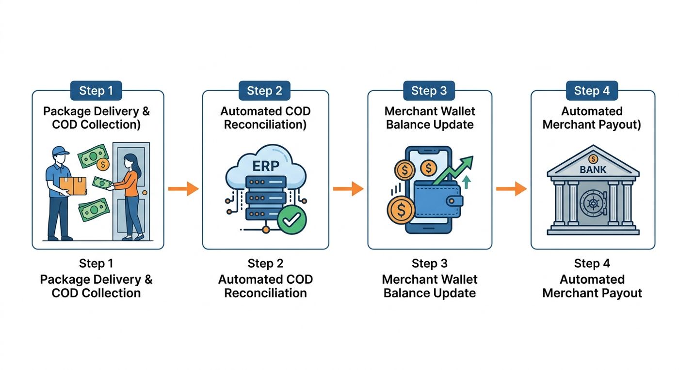 مخطط تقني يوضح خطوة بخطوة عملية تسوية الدفع عند الاستلام المؤتمتة وتحويل المدفوعات للتجار في نظام إدارة الخدمات اللوجستية.