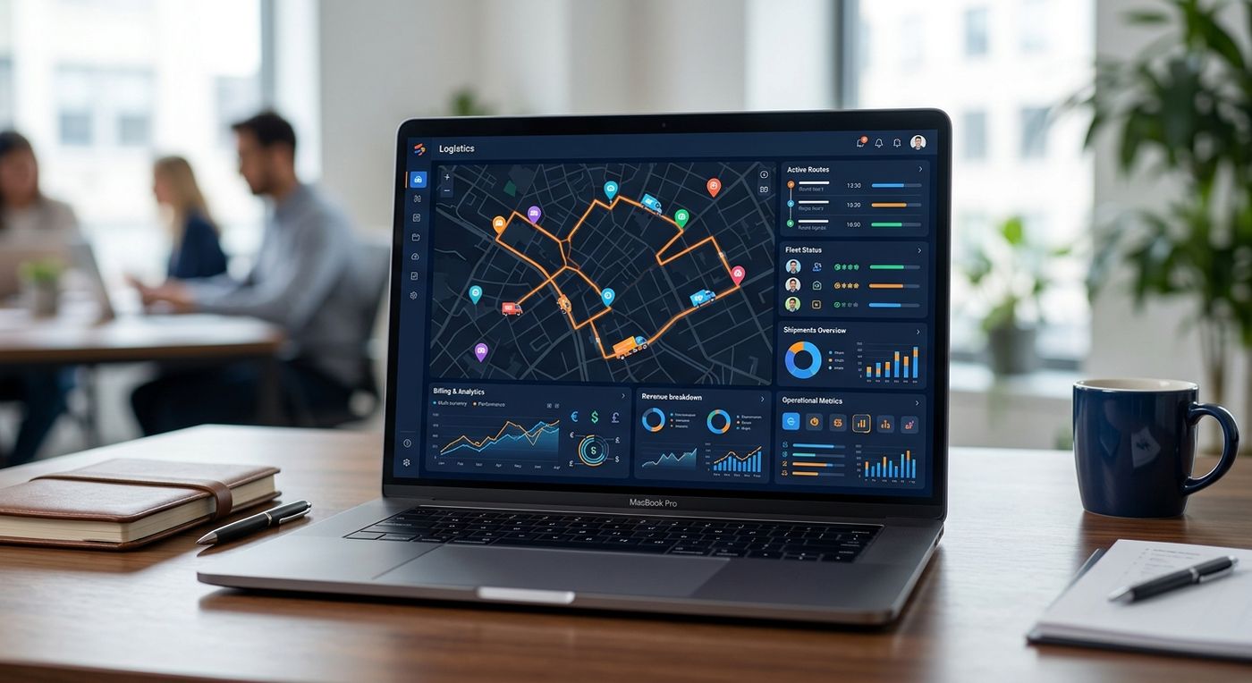 A product showcase of the Shiprex logistics ERP dashboard on a laptop, displaying route optimization and driver dispatch tracking.