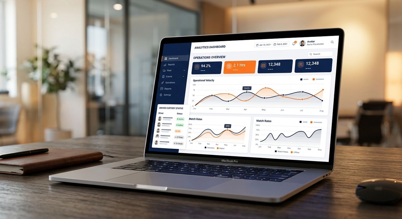 جهاز كمبيوتر محمول أنيق يعرض لوحة تحكم نظام إدارة العمليات اللوجستية ERP مع رسوم بيانية تحليلية لمؤشرات أداء تسوية نقدية المندوبين.