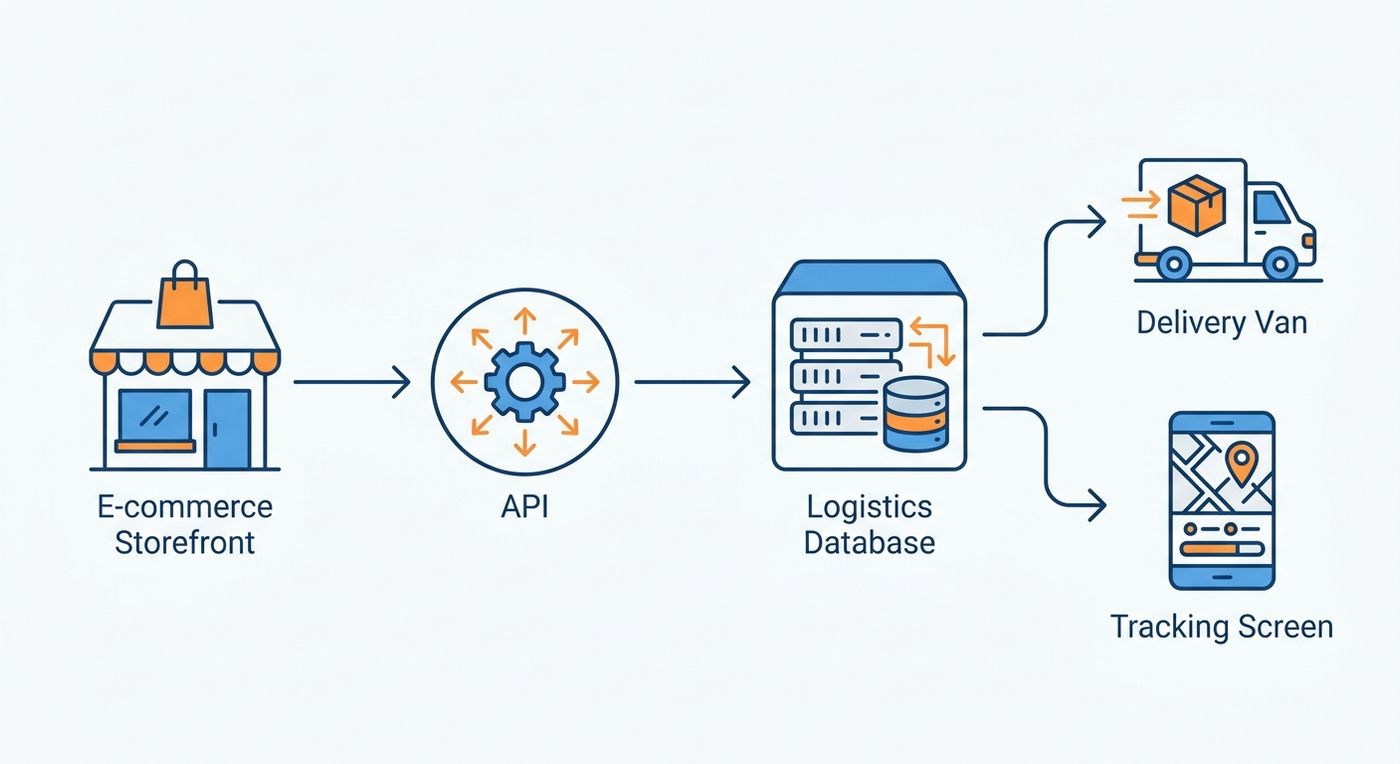 Technical diagram illustrating the integration between an enterprise e-commerce platform and a shipping ERP API.