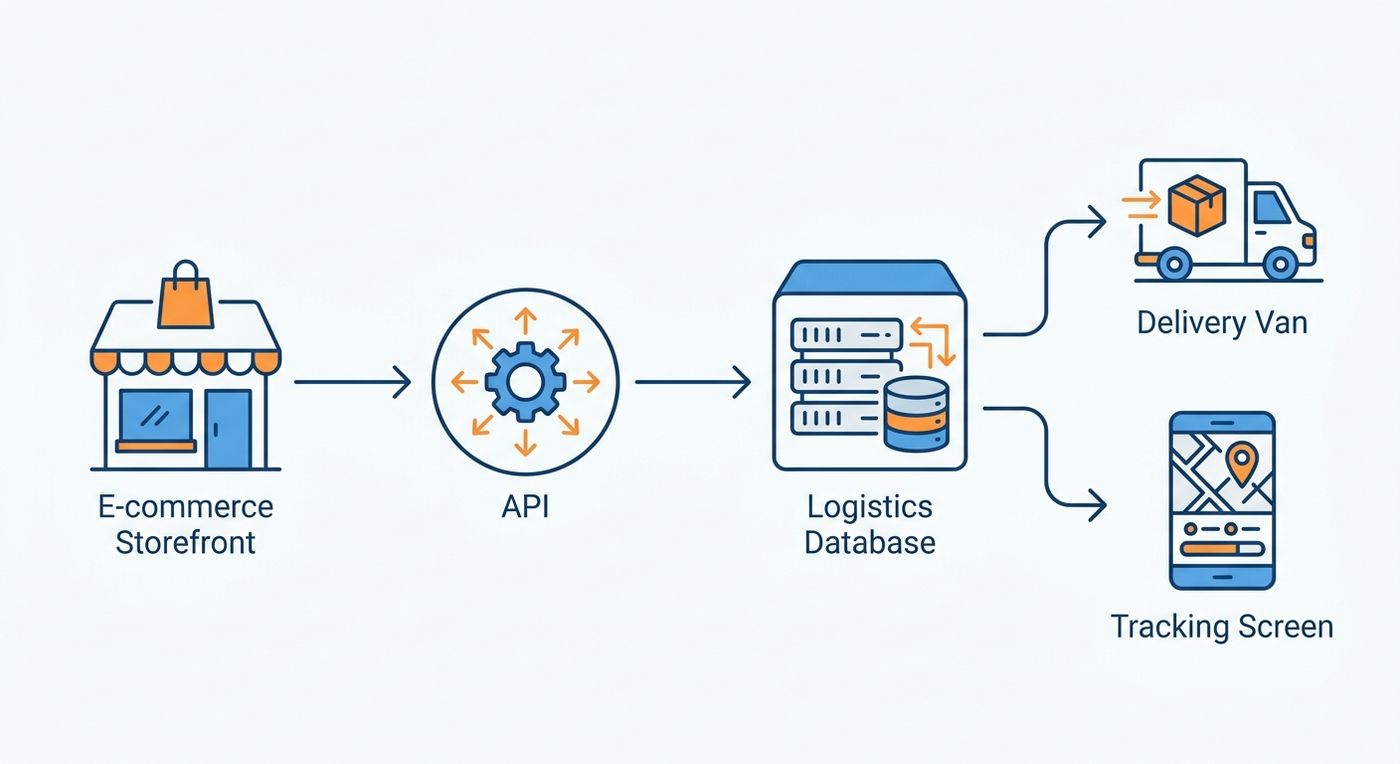 Technical diagram illustrating the integration between an enterprise e-commerce platform and a shipping ERP API.