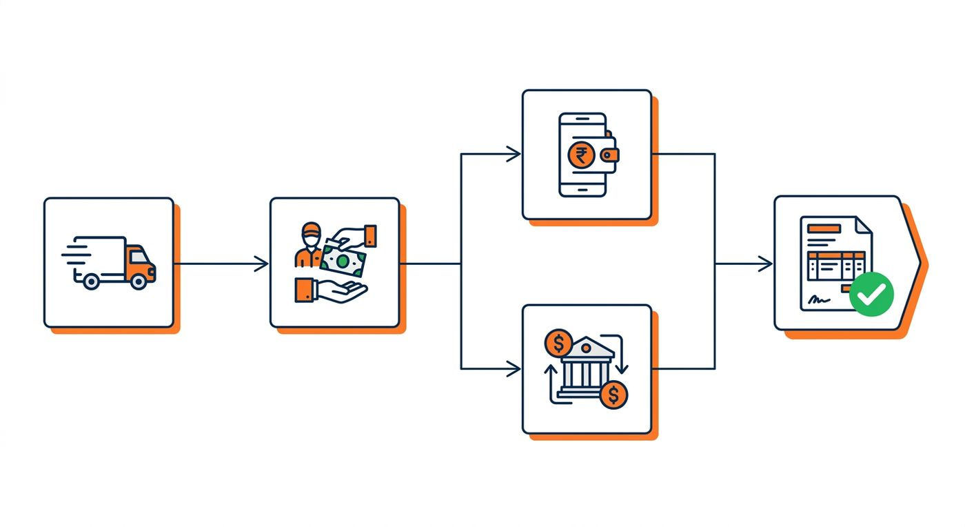 A technical flowchart diagram showing the automated COD reconciliation and driver commission payout process in a logistics ERP.