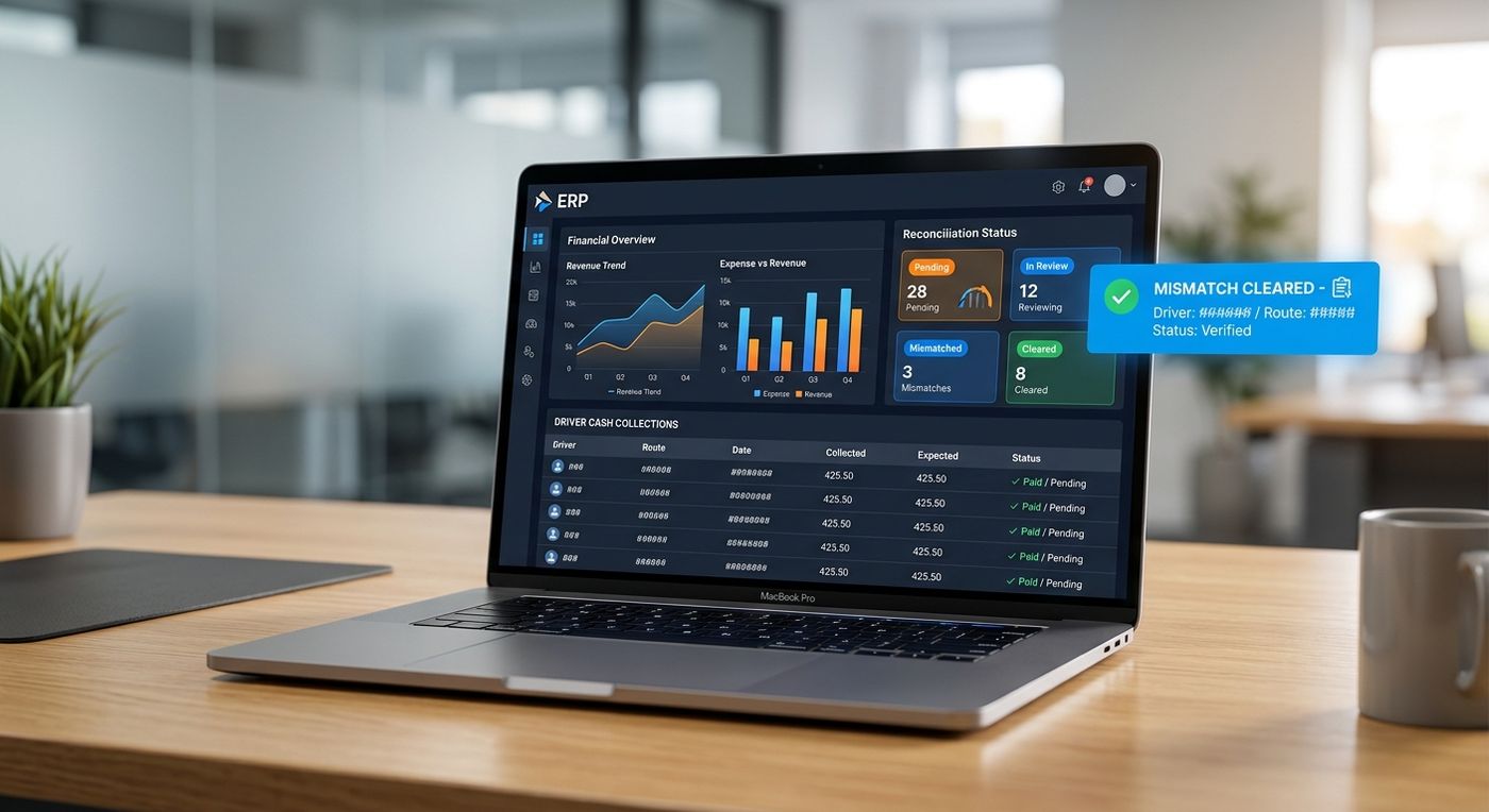 عرض لواجهة نظام Shiprex ERP على شاشة لابتوب يوضح شاشة تسوية الدفع عند الاستلام ومطابقة النقدية للسائقين في الوقت الفعلي.
