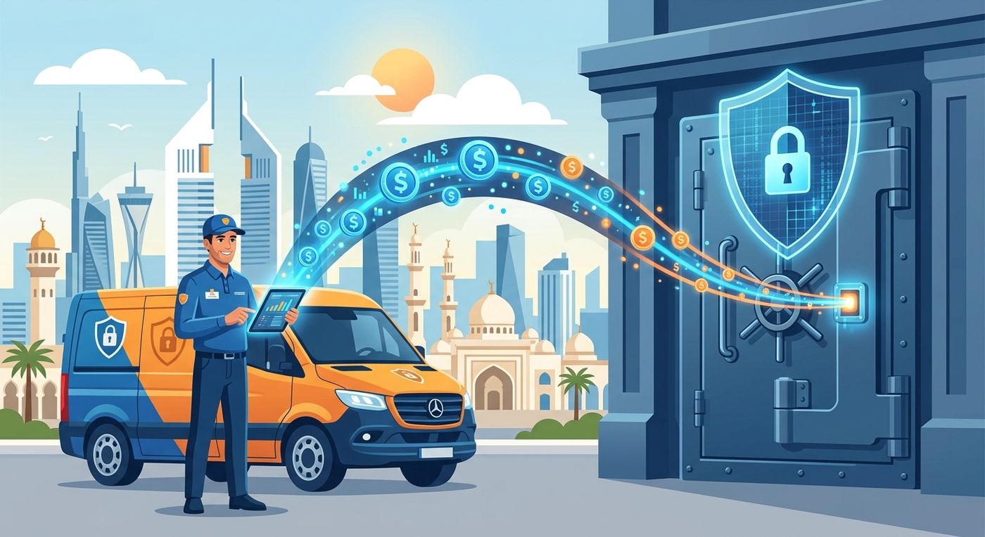 رسم توضيحي يظهر النقل الرقمي الآمن للأموال من سائق التوصيل إلى خزنة رقمية آمنة، مما يمثل منع تسرب تحصيلات الدفع عند الاستلام.