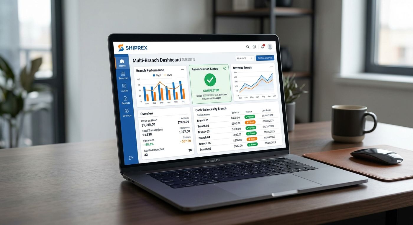 A modern SaaS dashboard showcase of Shiprex, displaying the multi-branch cash audit and logistics financial management interface on a laptop.