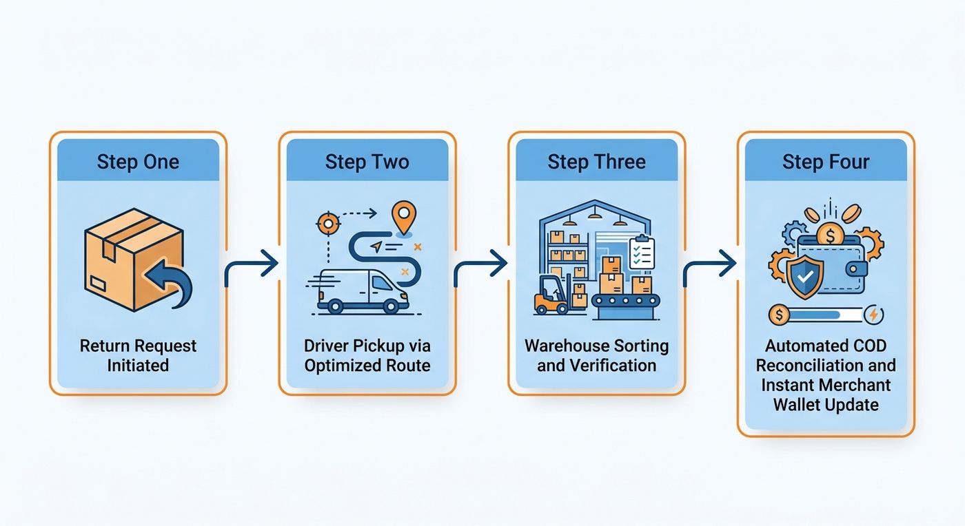 Technical flowchart showing the step-by-step reverse logistics and COD reconciliation process in a 3PL ERP.