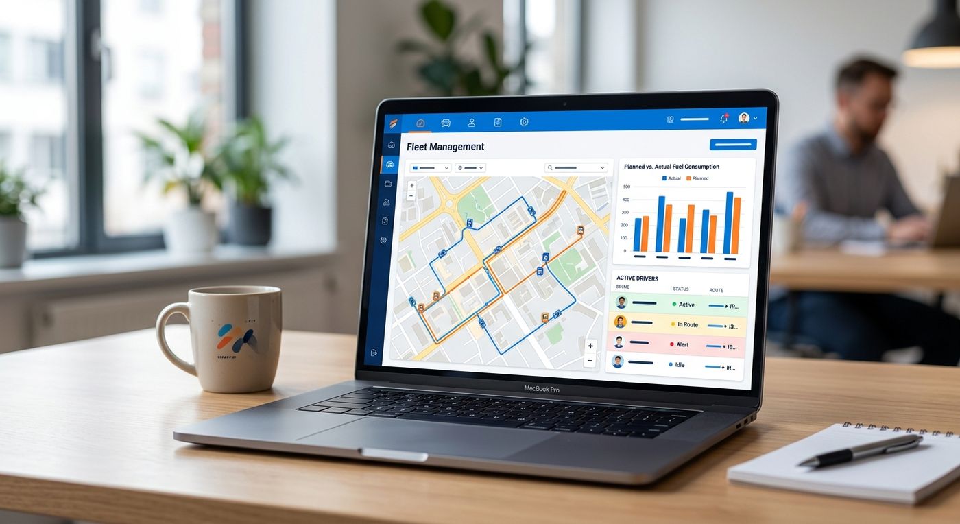 عرض توضيحي لواجهة نظام ERP لإدارة الأسطول من شيب ريكس على شاشة كمبيوتر محمول، تعرض تحليلات استهلاك الوقود وتنبيهات انحراف المسافات.