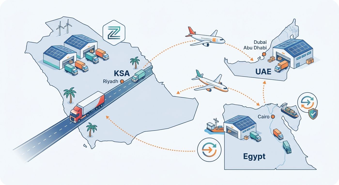 Flat vector illustration of a regional logistics network across KSA, UAE, and Egypt, representing compliant cross-border shipping.