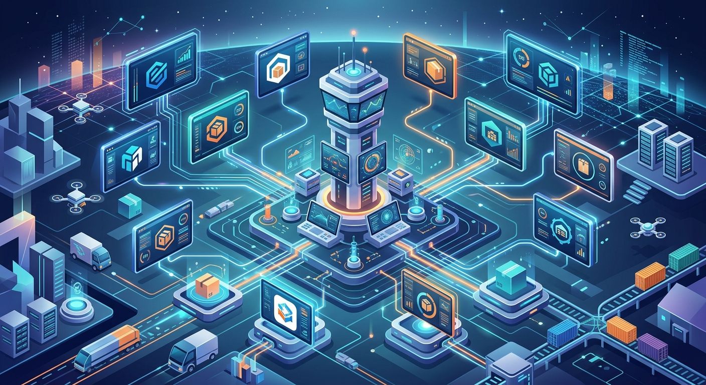 A modern isometric illustration of a multi-tenant shipping software architecture showing isolated merchant portals connected to a central control hub.