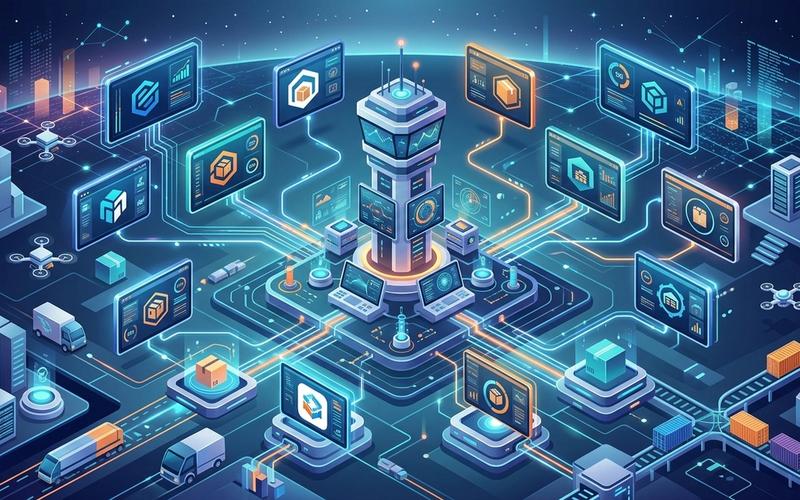 A modern isometric illustration of a multi-tenant shipping software architecture showing isolated merchant portals connected to a central control hub.