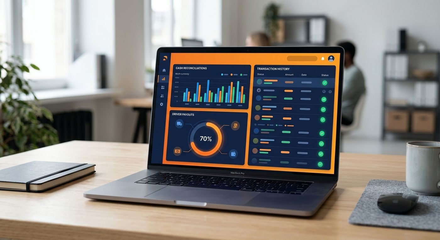 A modern SaaS dashboard mockup on a laptop screen displaying automated COD reconciliation charts and driver payout metrics in blue and orange.