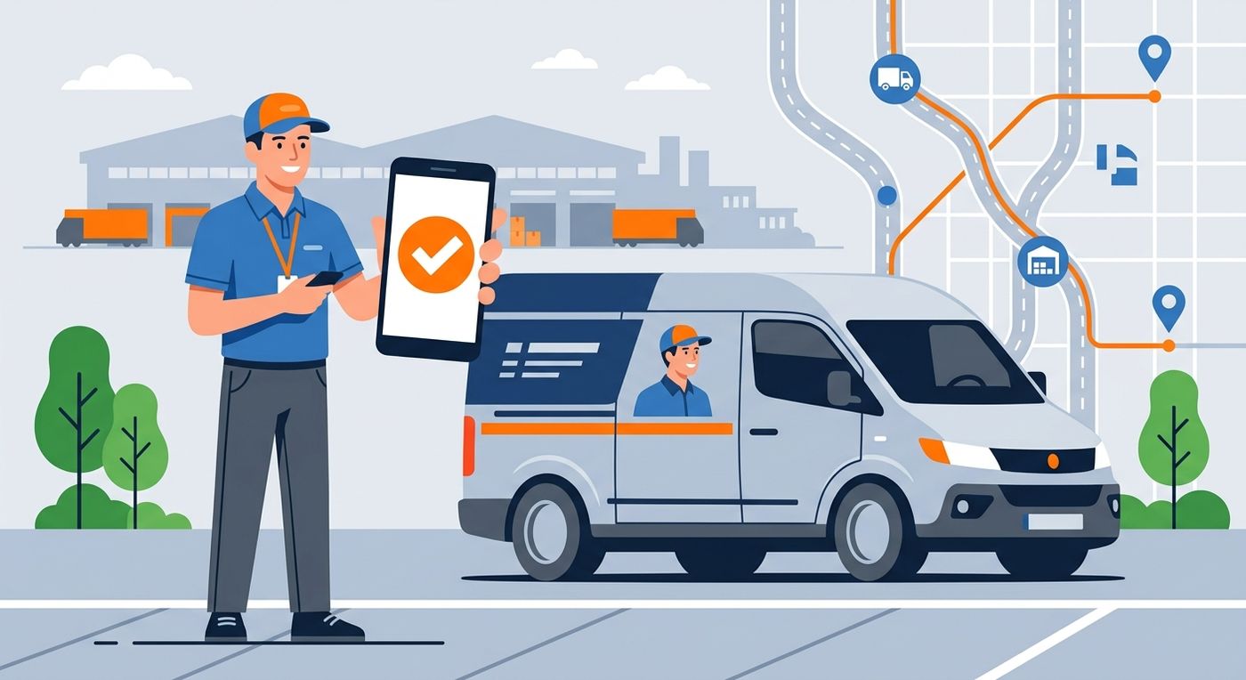 Editorial vector illustration of a delivery driver next to a van completing a digital vehicle inspection checklist on a smartphone.