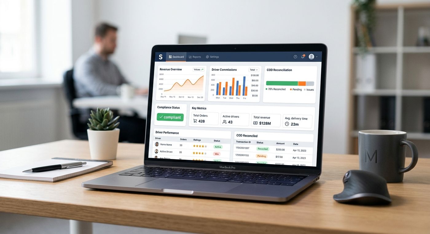 A modern SaaS dashboard showcase displaying financial auditing, driver commission metrics, and COD reconciliation reports for a shipping company.