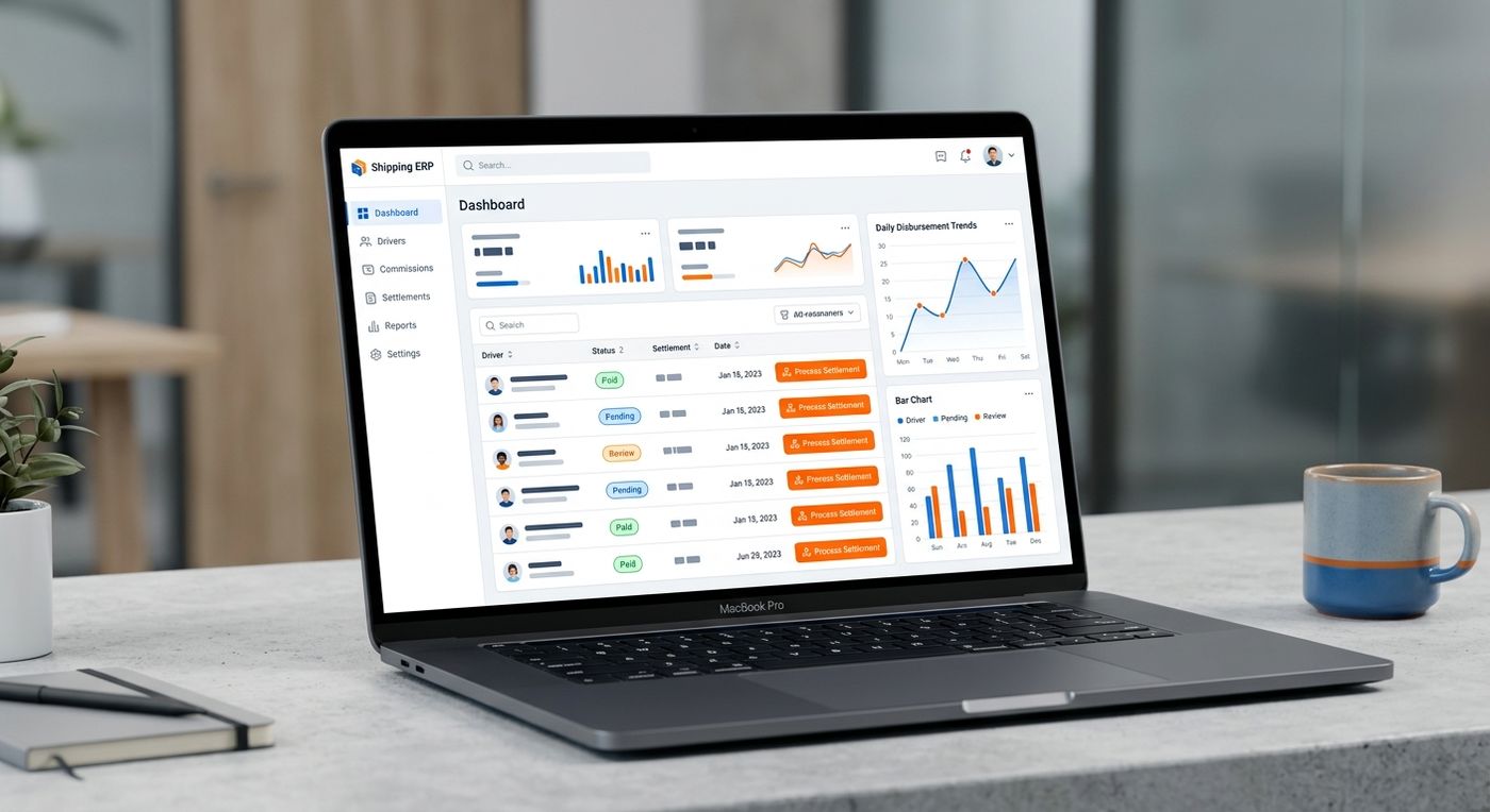 A product showcase of the Shiprex logistics ERP dashboard highlighting driver commission settlements and payout approvals.