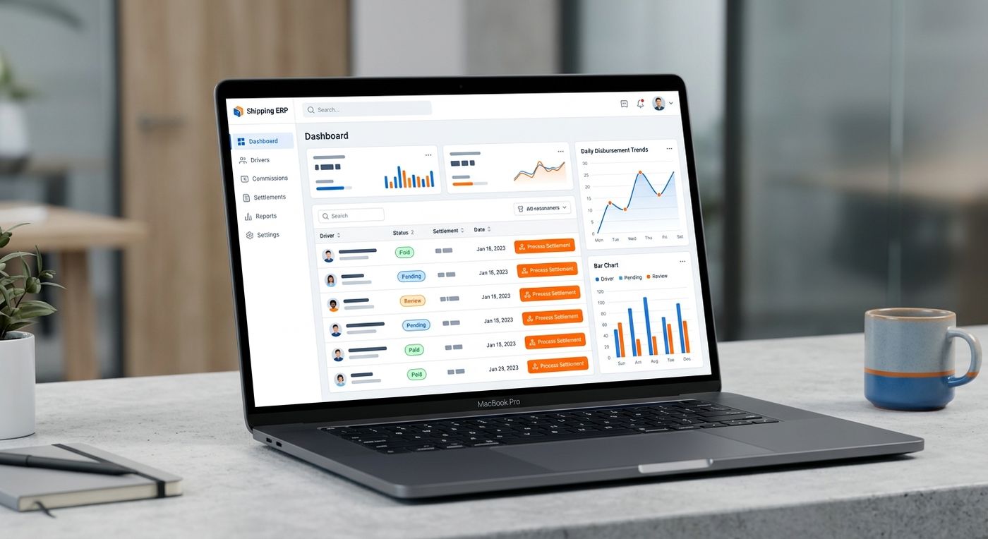 A product showcase of the Shiprex logistics ERP dashboard highlighting driver commission settlements and payout approvals.