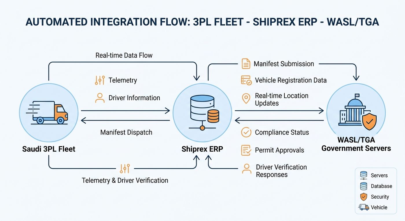 Technical diagram showing the real-time data flow between Shiprex ERP, the 3PL fleet, and Saudi government platforms (WASL and TGA).