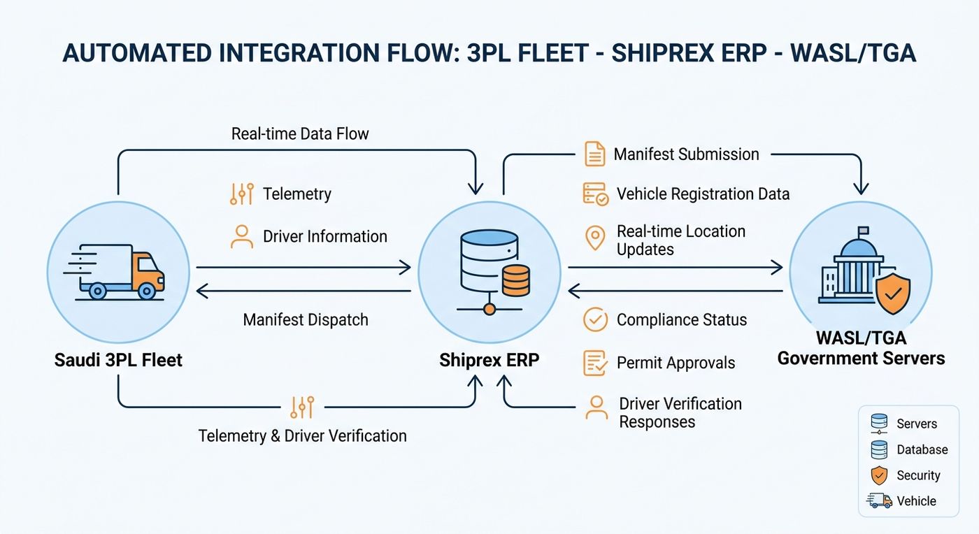 Technical diagram showing the real-time data flow between Shiprex ERP, the 3PL fleet, and Saudi government platforms (WASL and TGA).