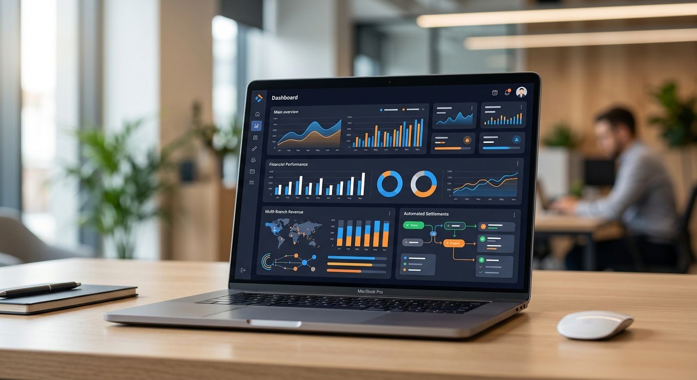 A sleek software dashboard showcase of the Shiprex inter-branch settlement engine showing multi-hub financial balances on a laptop.