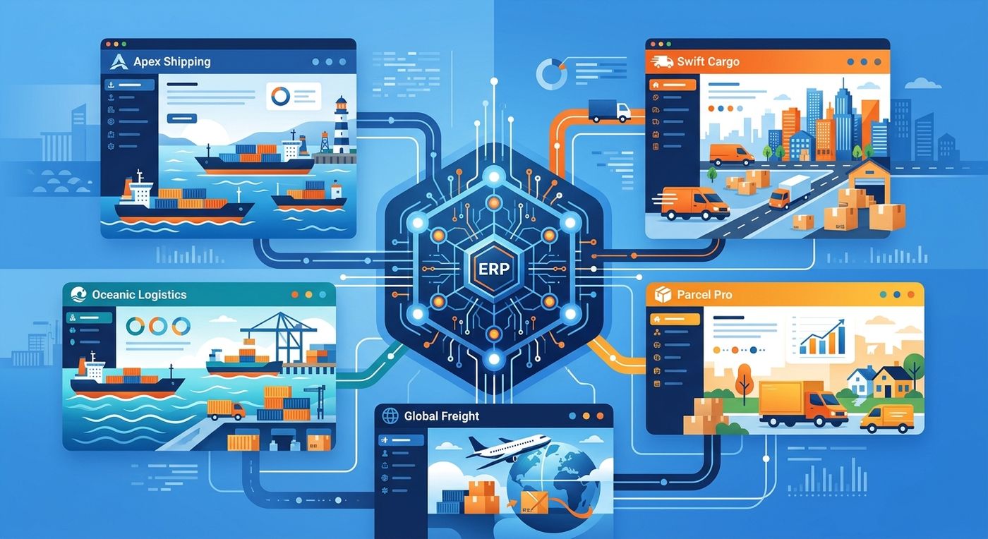 Flat editorial illustration depicting a multi-tenant logistics ERP system with a central hub connecting multiple merchant portals.