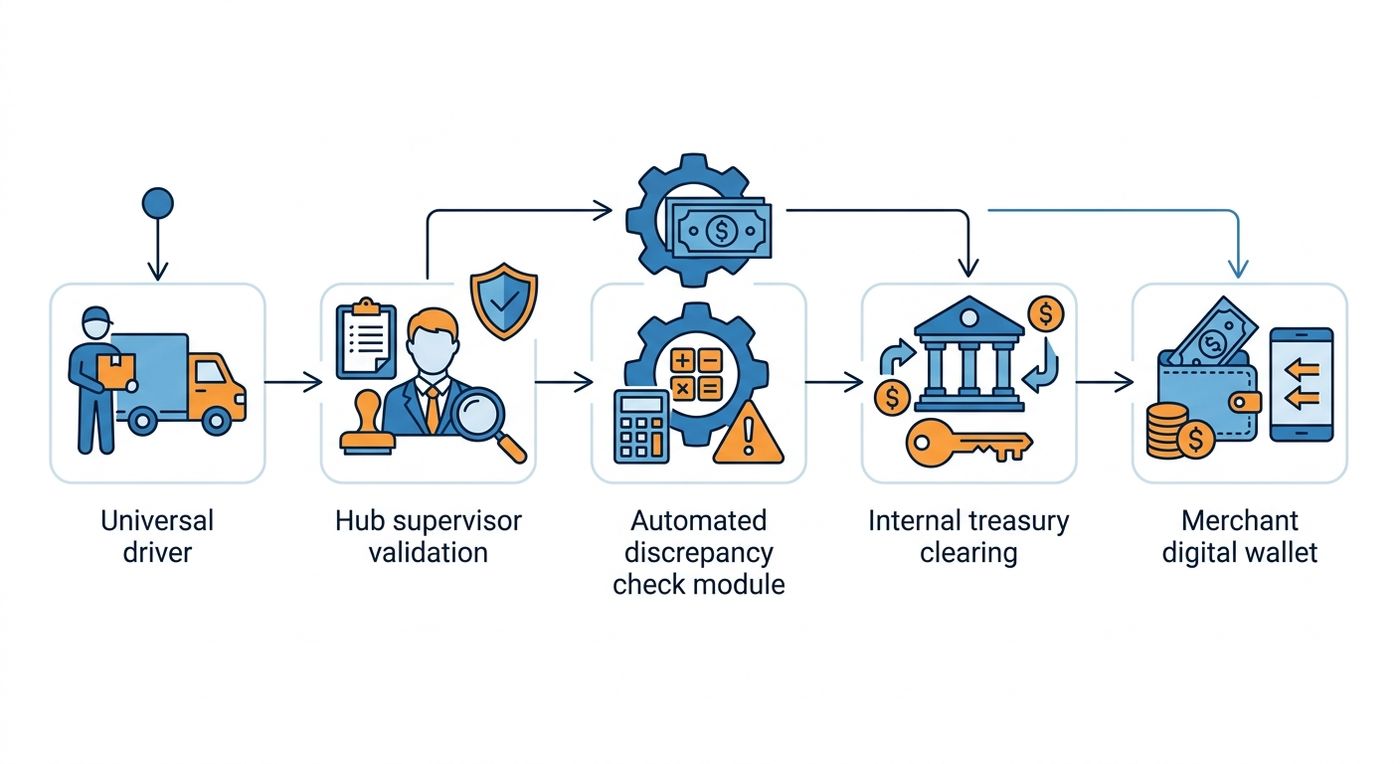 Technical flowchart illustrating the automated COD reconciliation process from driver cash collection to merchant wallet credit.