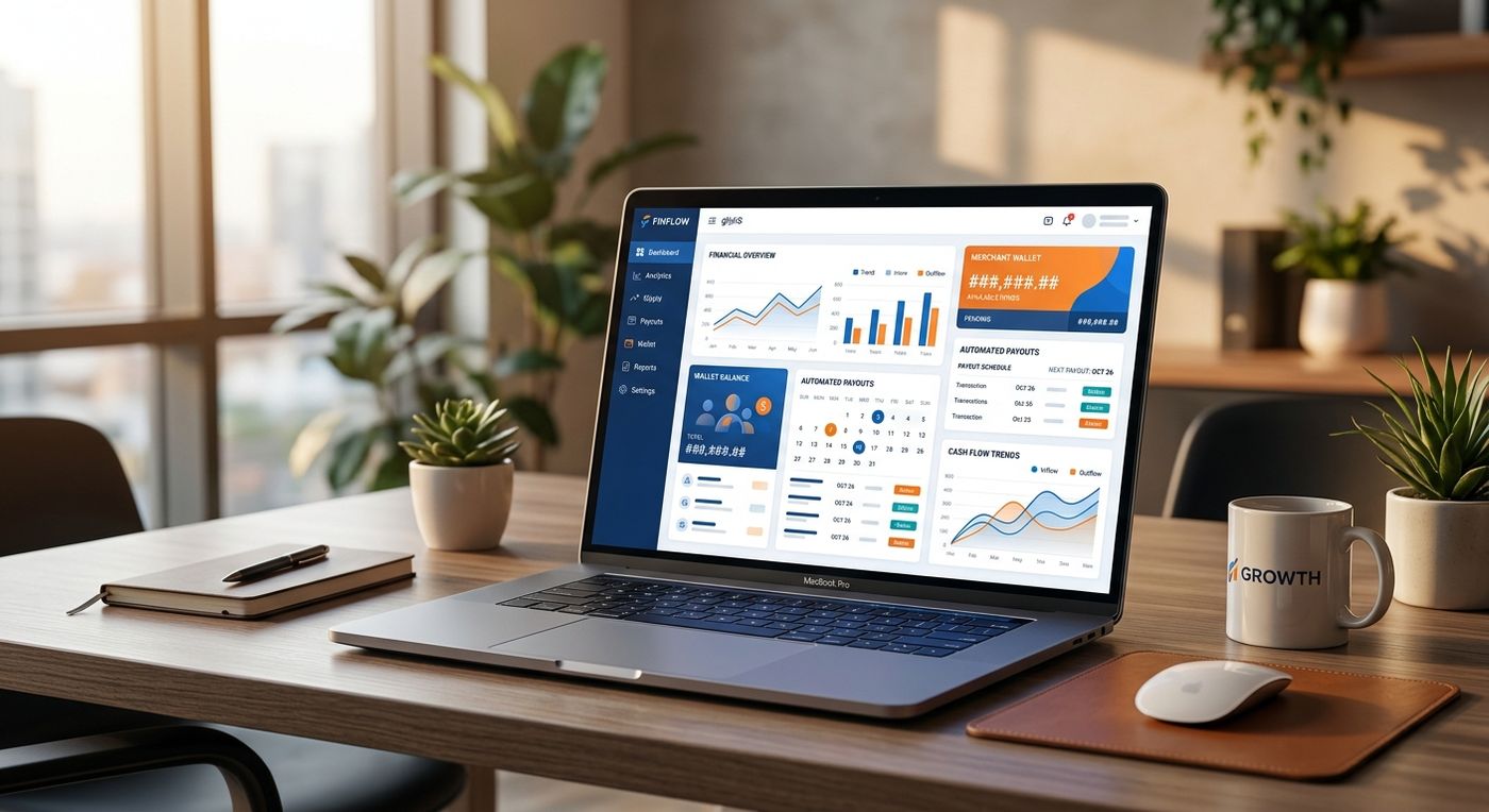 A modern SaaS dashboard showcase of Shiprex e-commerce logistics finance software displaying real-time merchant wallet logistics on a laptop.
