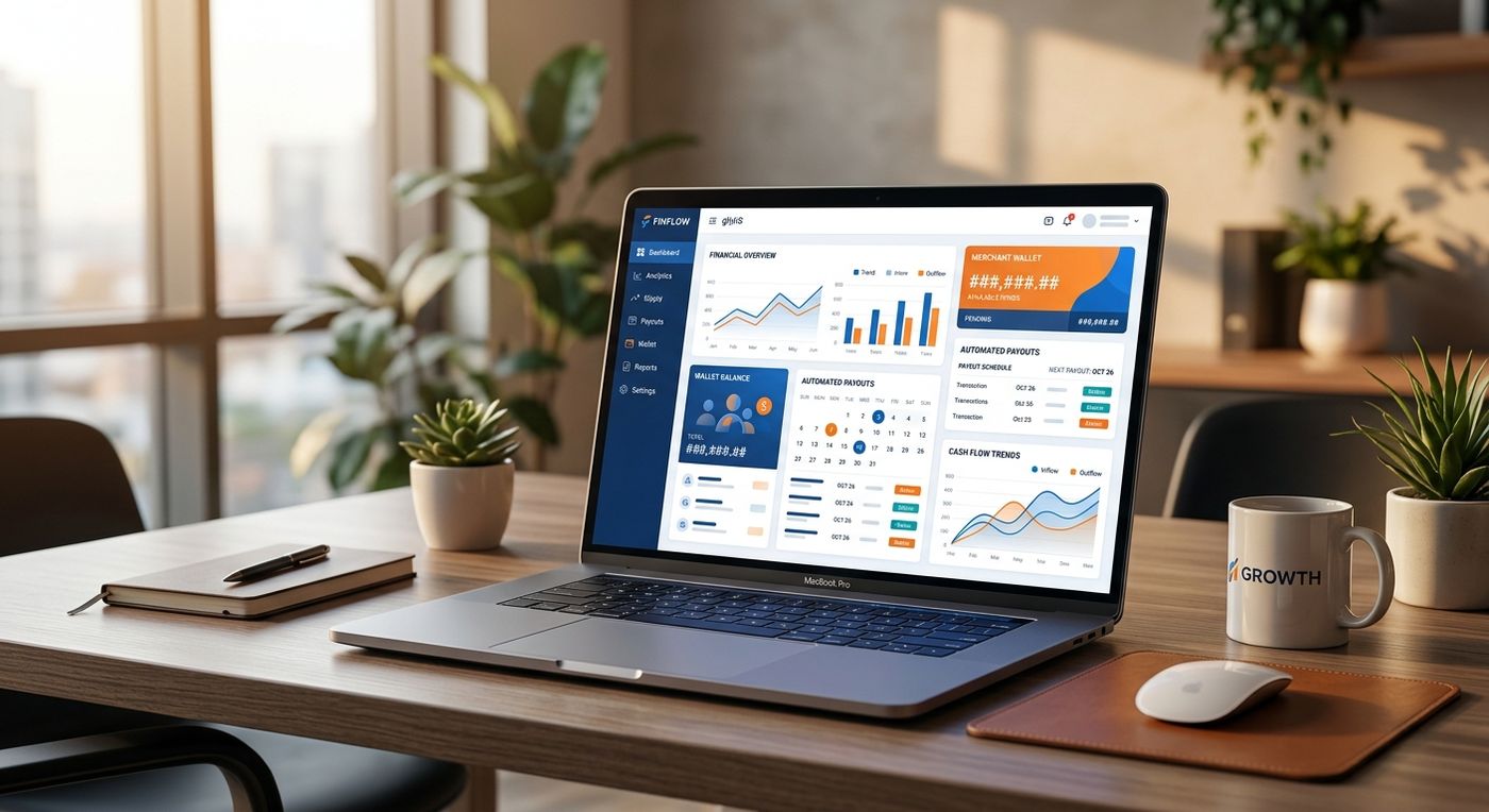 A modern SaaS dashboard showcase of Shiprex e-commerce logistics finance software displaying real-time merchant wallet logistics on a laptop.