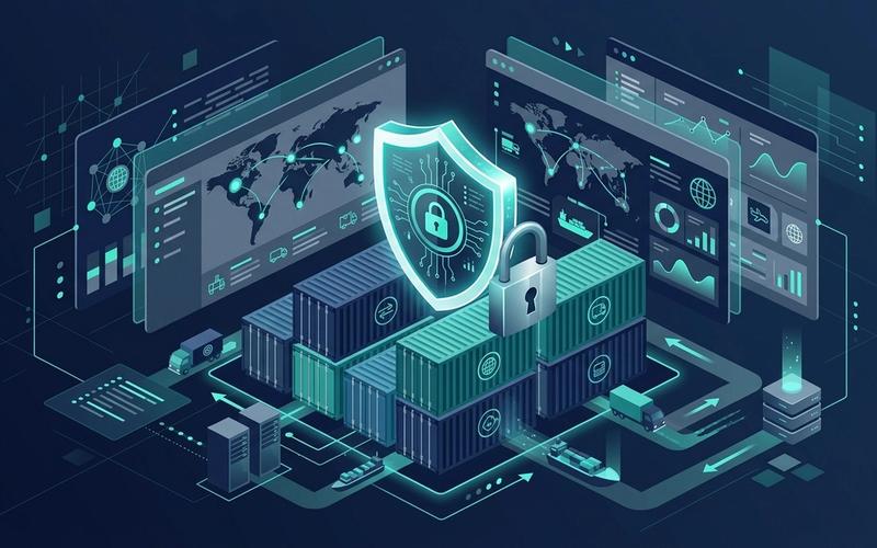 An abstract digital illustration of a security shield and padlock protecting shipping containers and a logistics dashboard, symbolizing secure RBAC.